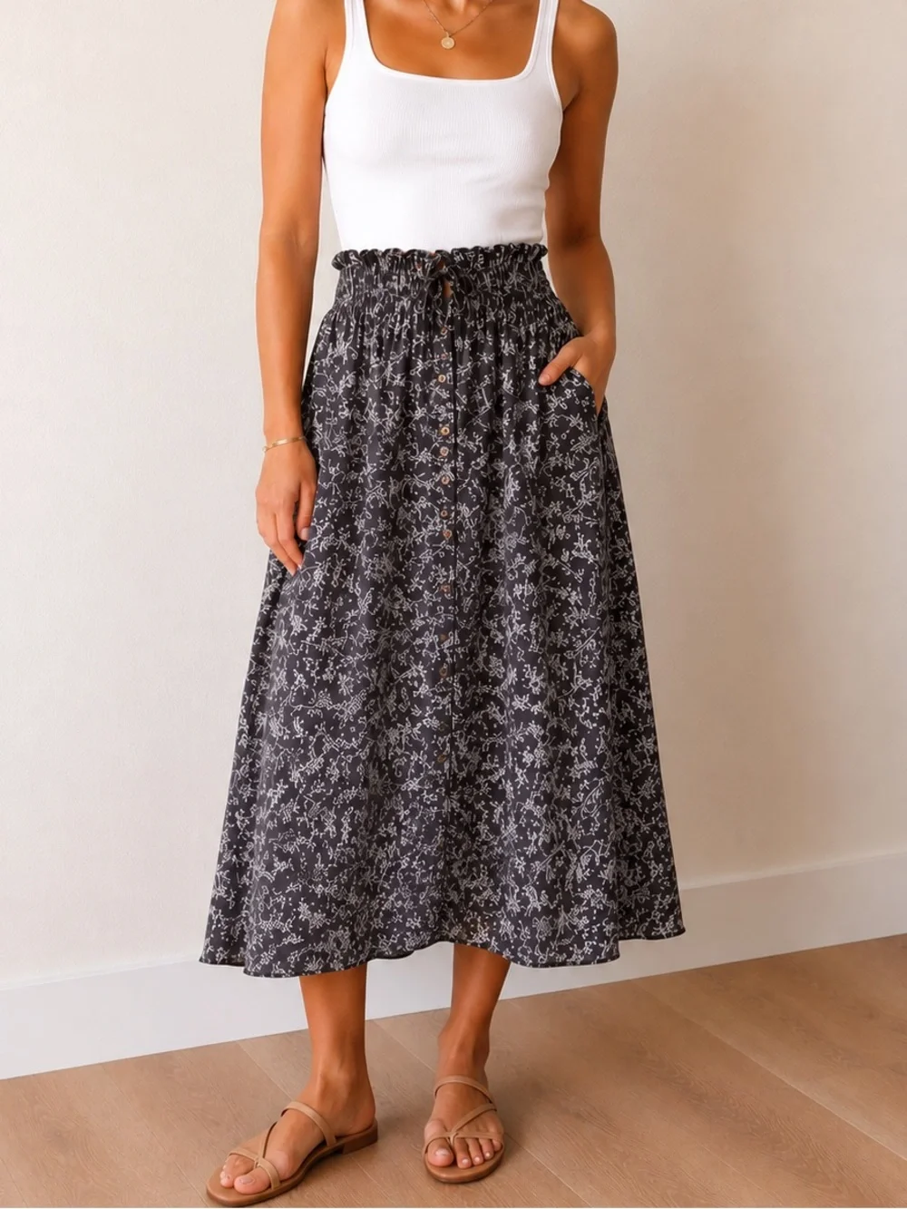 Mikarose Floral Grey White Ditsy Floral Smocked Elastic Waist Midi Skirt Sz XXL